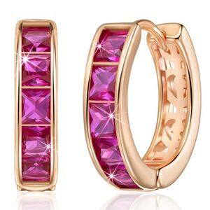 14K Rose Gold with Pink Tourmaline Cubic Zirconia Princess Cut Huggie Earrings